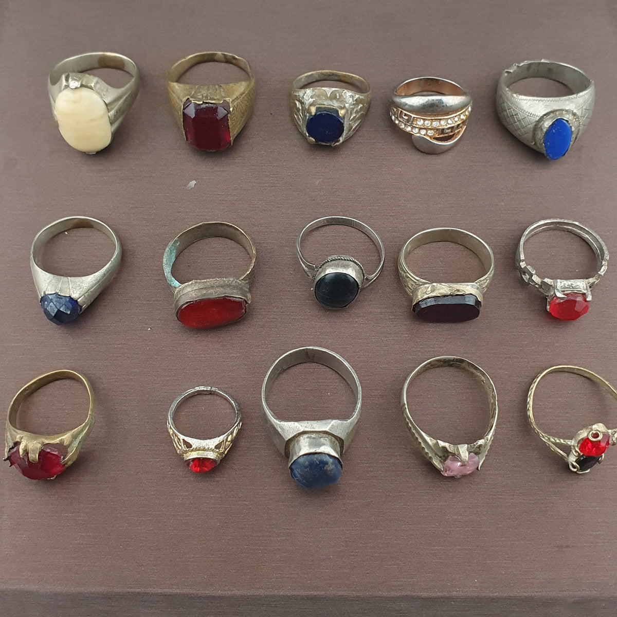 Antique Lot of 15 Handmade Brass Rings Mixed Gemstone & Glass Designs
