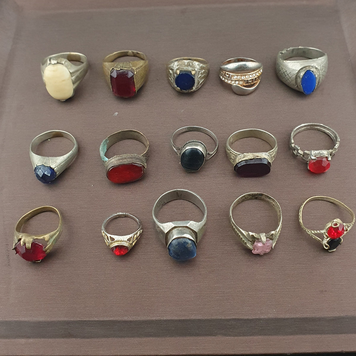 Antique Lot of 15 Handmade Brass Rings Mixed Gemstone & Glass Designs