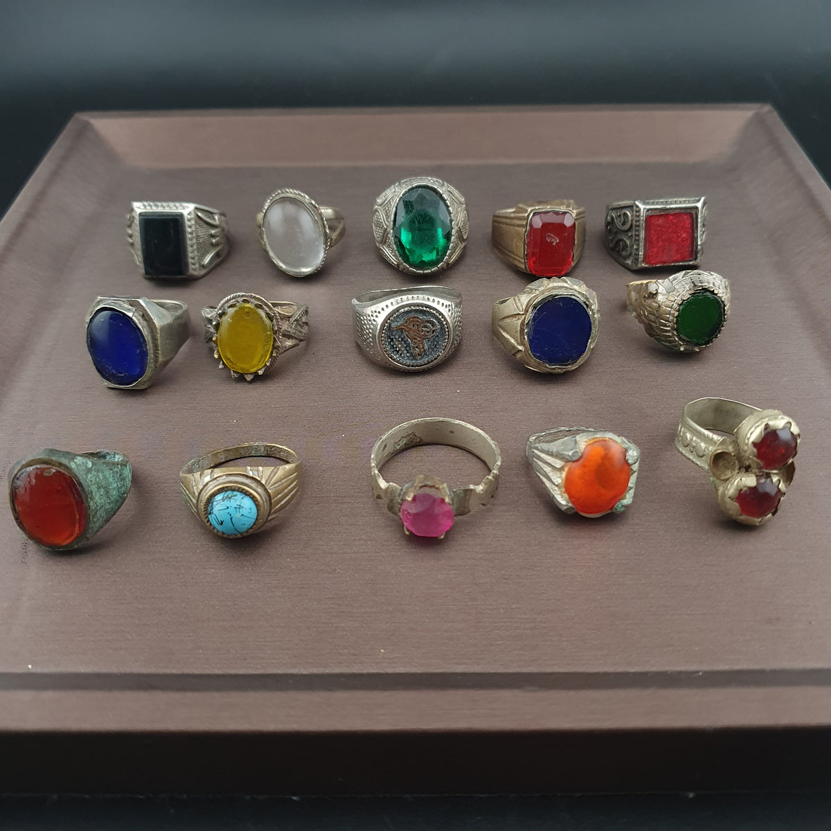 Antique Brass Rings Lot of 15 Mixed Gemstone & Glass Collectible Rings