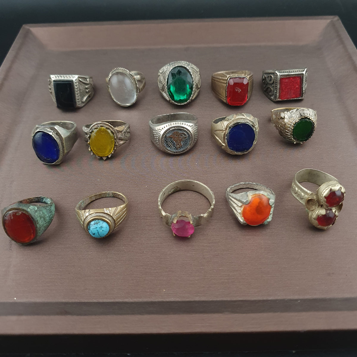 Antique Brass Rings Lot of 15 Mixed Gemstone & Glass Collectible Rings