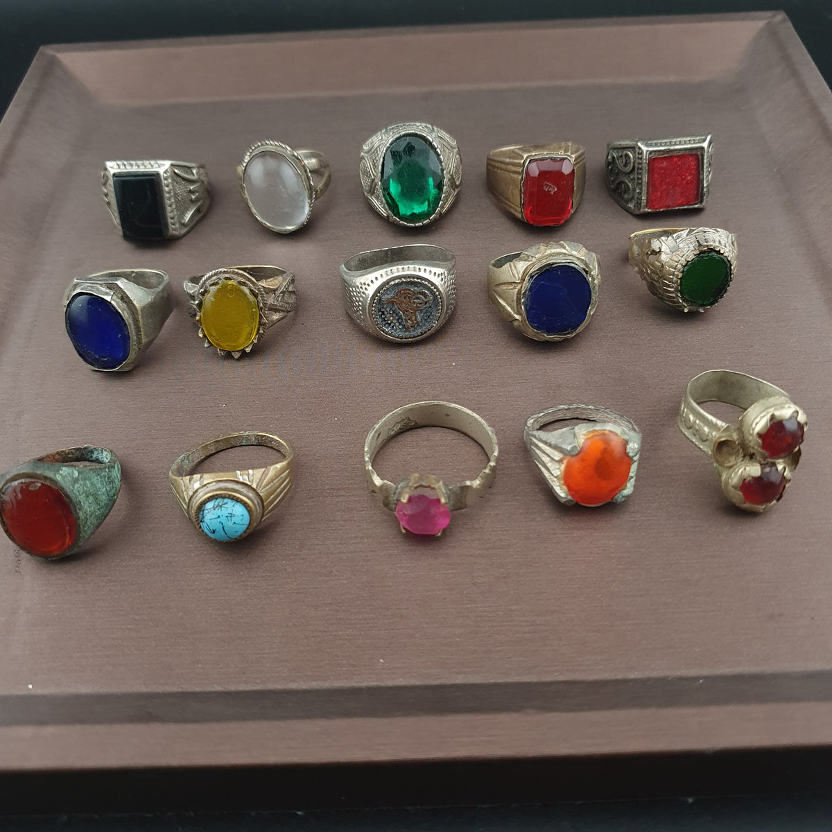 Antique Brass Rings Lot of 15 Mixed Gemstone & Glass Collectible Rings