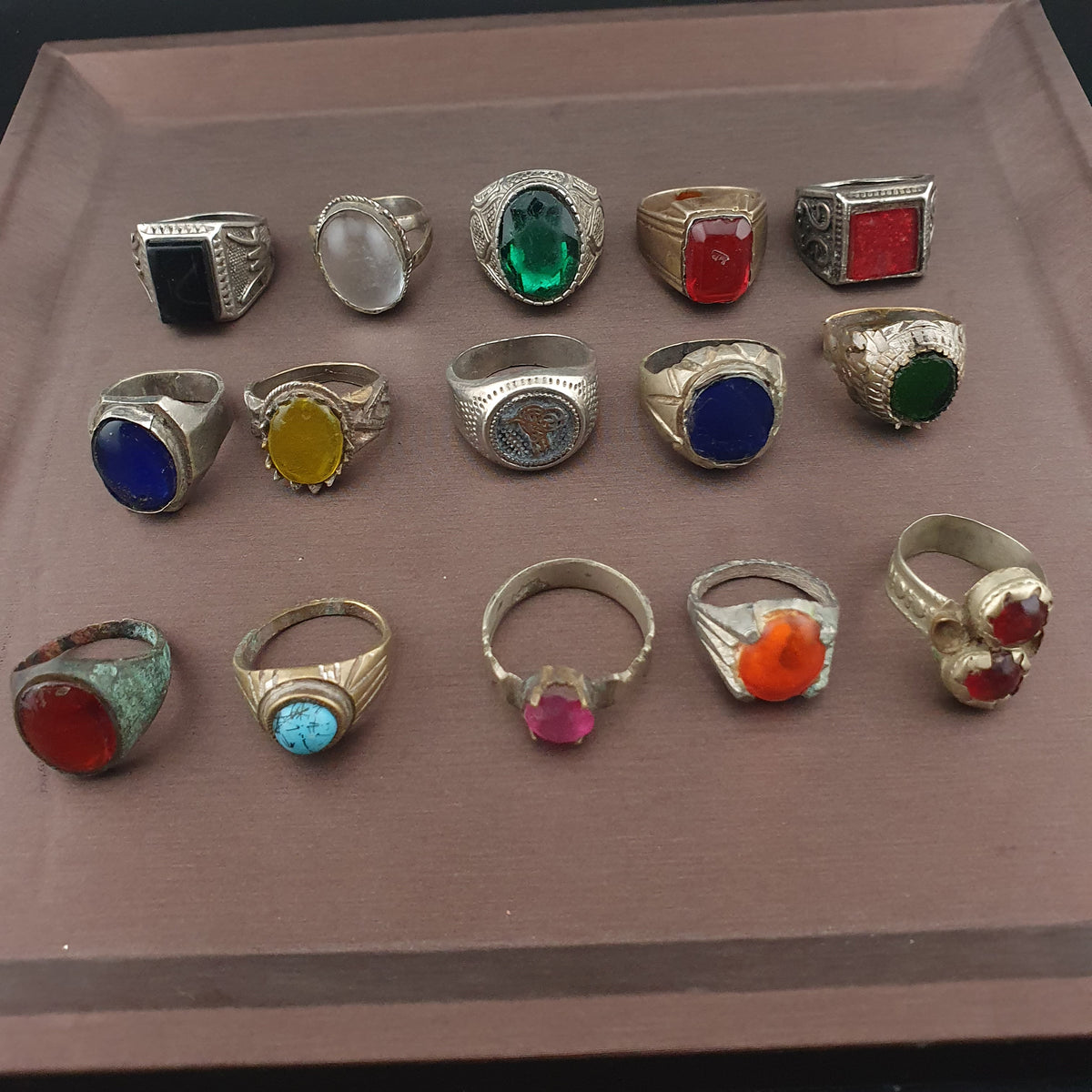 Antique Brass Rings Lot of 15 Mixed Gemstone & Glass Collectible Rings