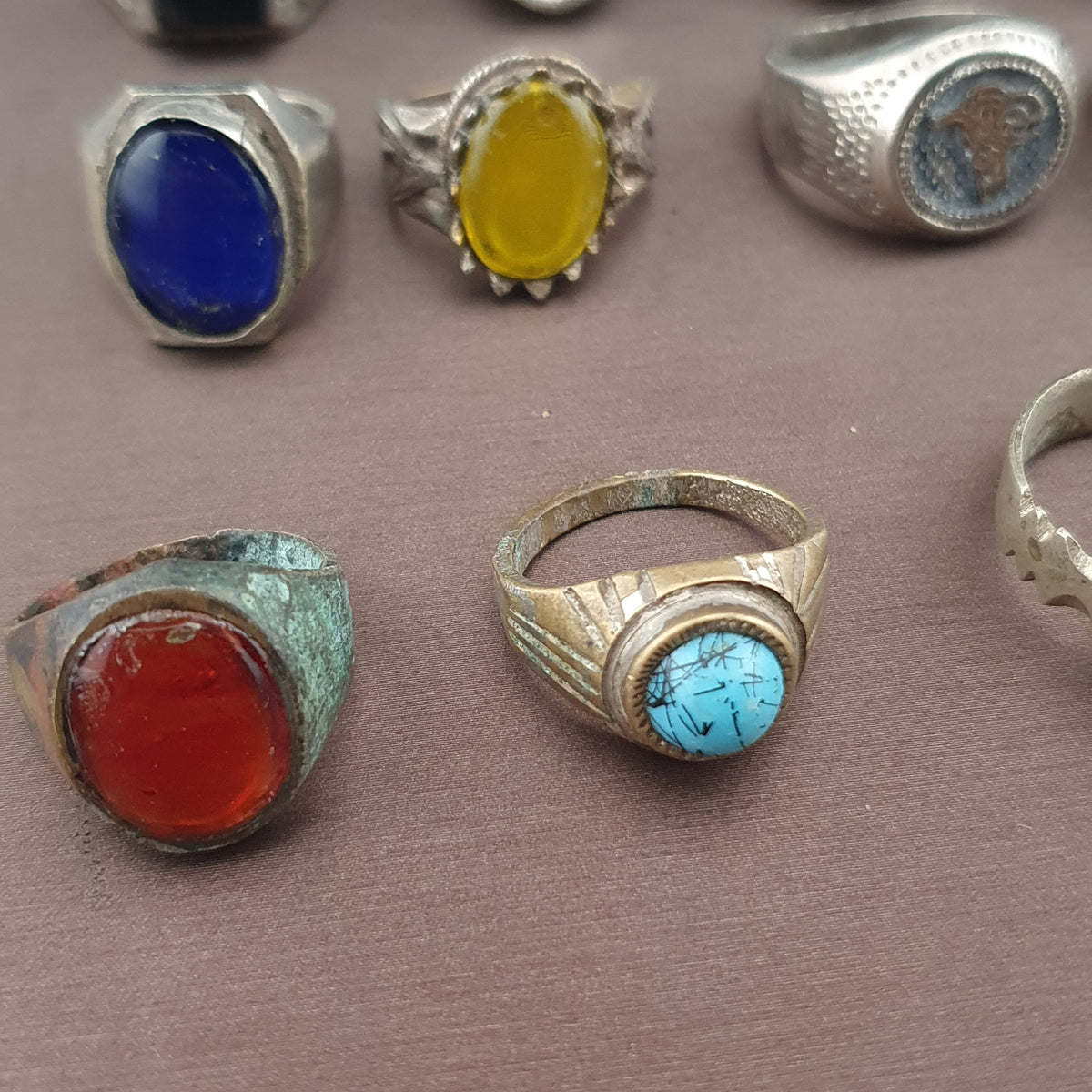 Antique Brass Rings Lot of 15 Mixed Gemstone & Glass Collectible Rings