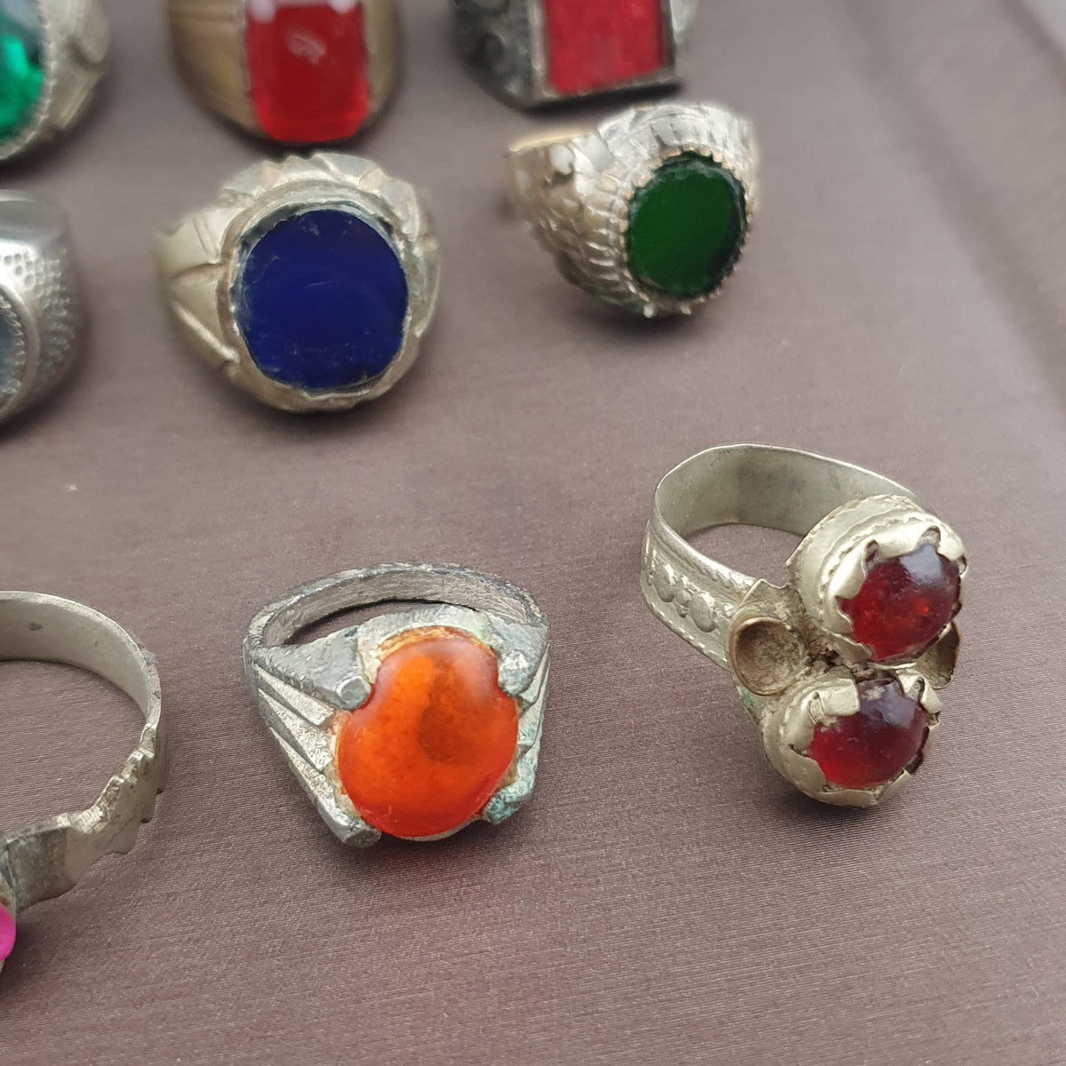 Antique Brass Rings Lot of 15 Mixed Gemstone & Glass Collectible Rings