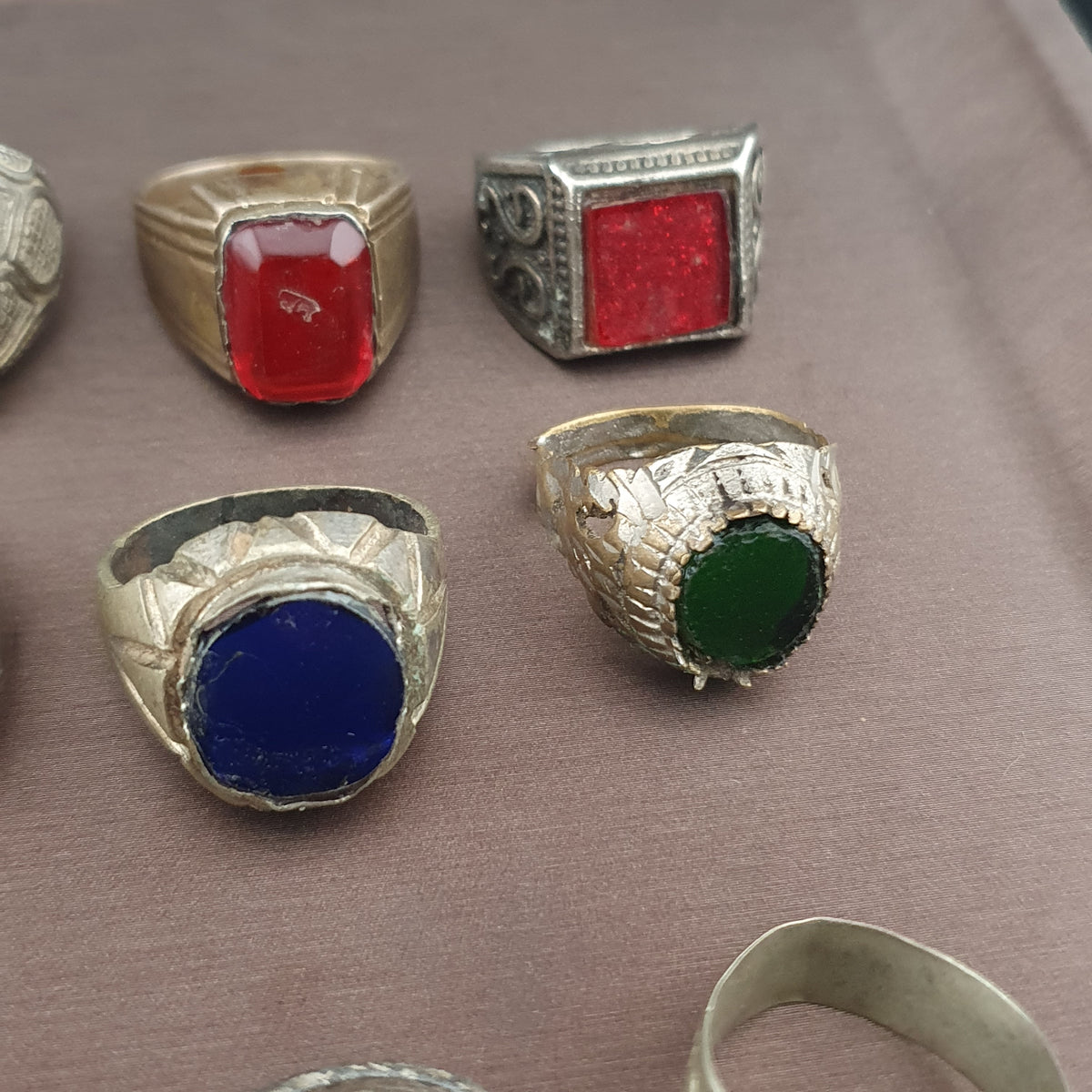 Antique Brass Rings Lot of 15 Mixed Gemstone & Glass Collectible Rings