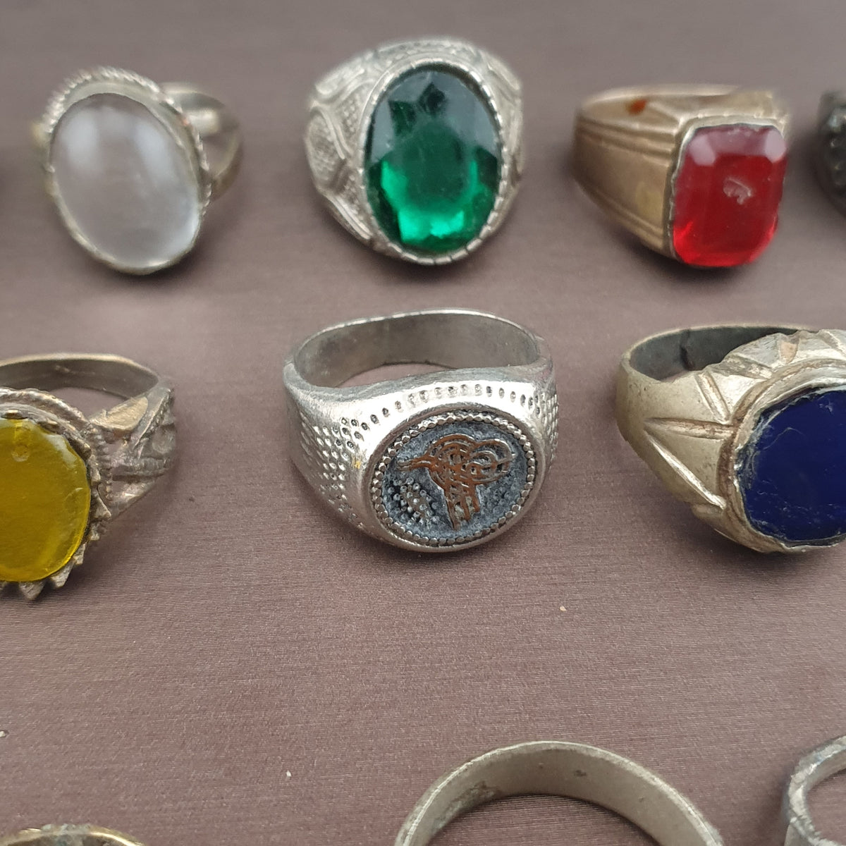 Antique Brass Rings Lot of 15 Mixed Gemstone & Glass Collectible Rings