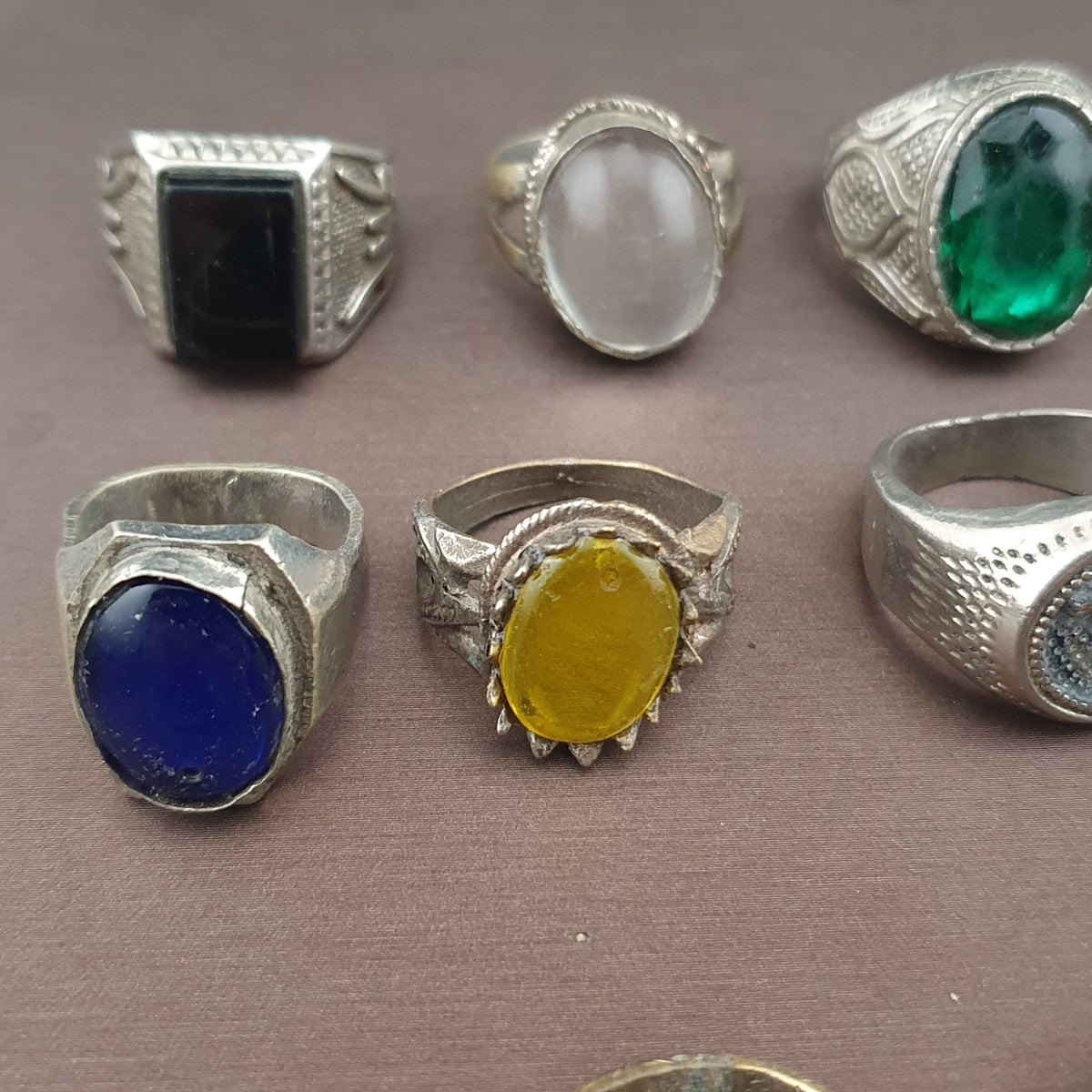 Antique Brass Rings Lot of 15 Mixed Gemstone & Glass Collectible Rings