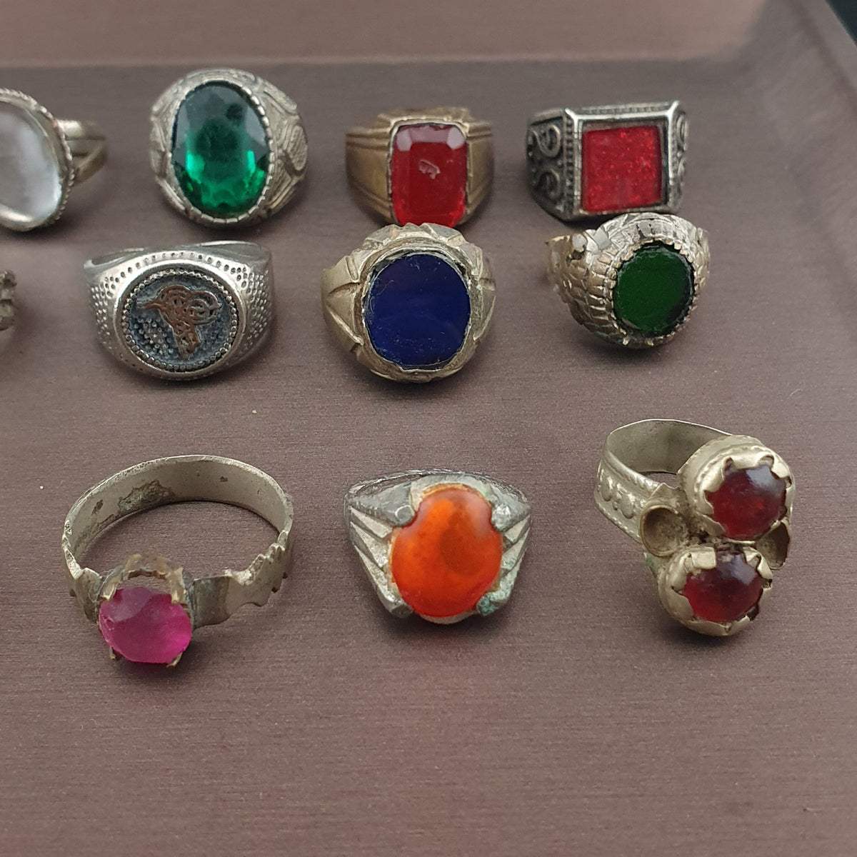 Antique Brass Rings Lot of 15 Mixed Gemstone & Glass Collectible Rings