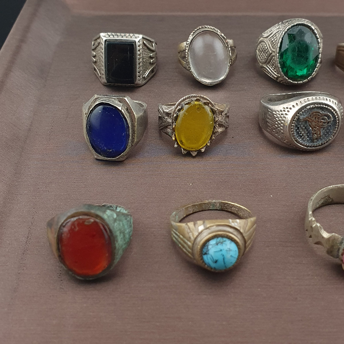 Antique Brass Rings Lot of 15 Mixed Gemstone & Glass Collectible Rings