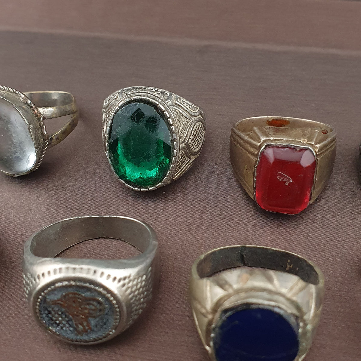 Antique Brass Rings Lot of 15 Mixed Gemstone & Glass Collectible Rings