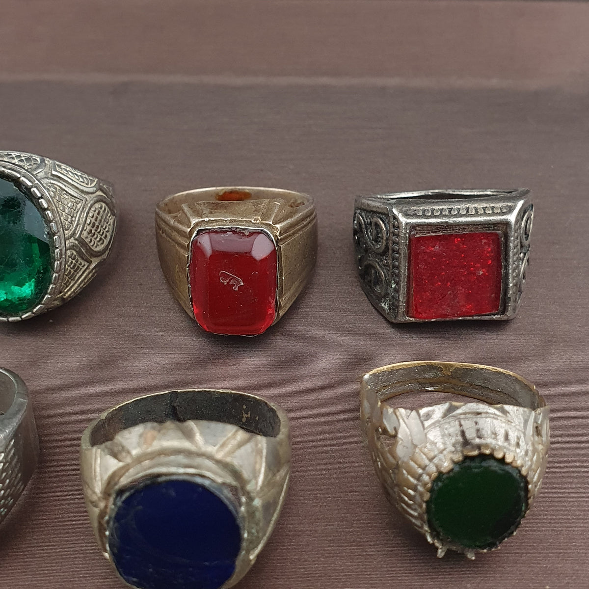 Antique Brass Rings Lot of 15 Mixed Gemstone & Glass Collectible Rings