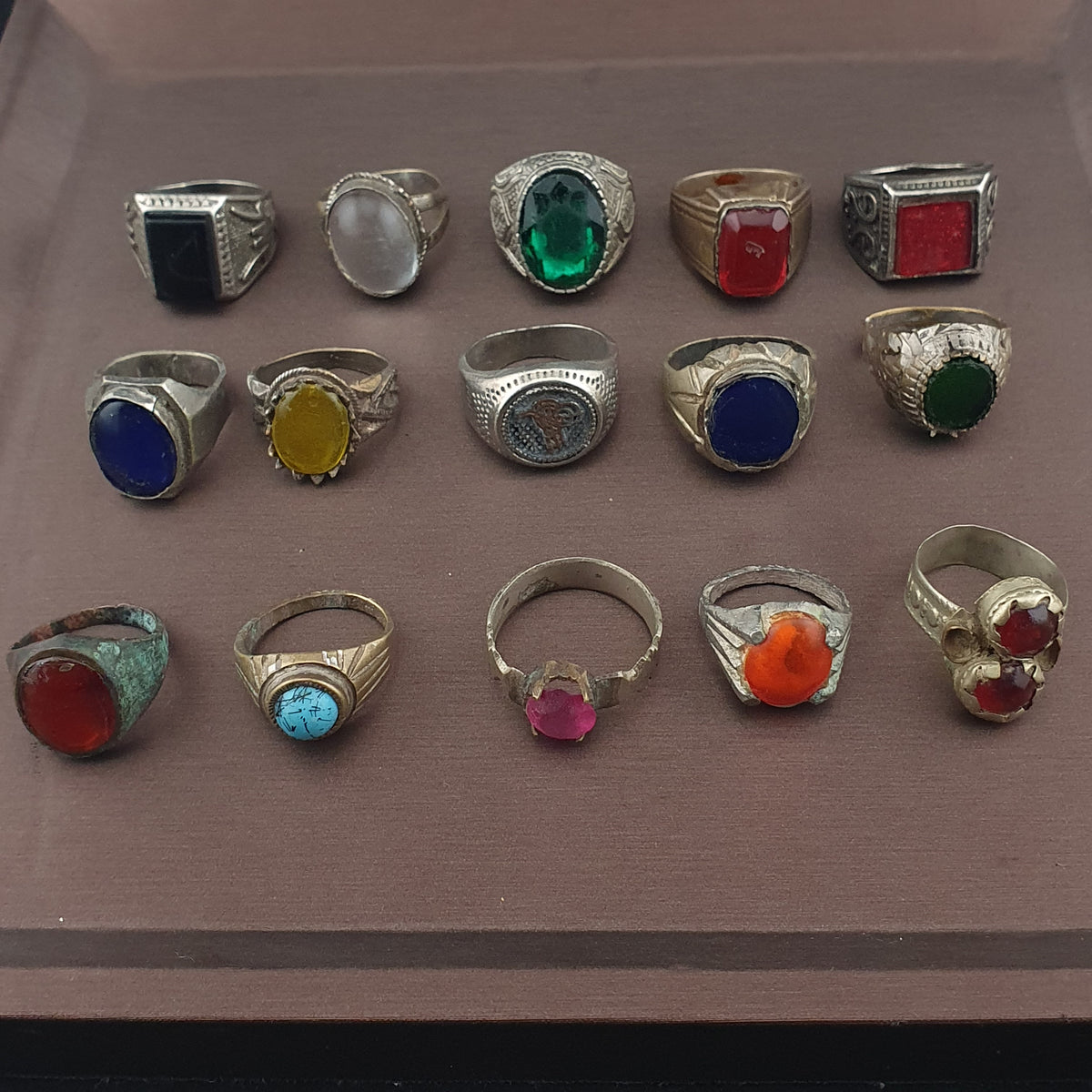 Antique Brass Rings Lot of 15 Mixed Gemstone & Glass Collectible Rings