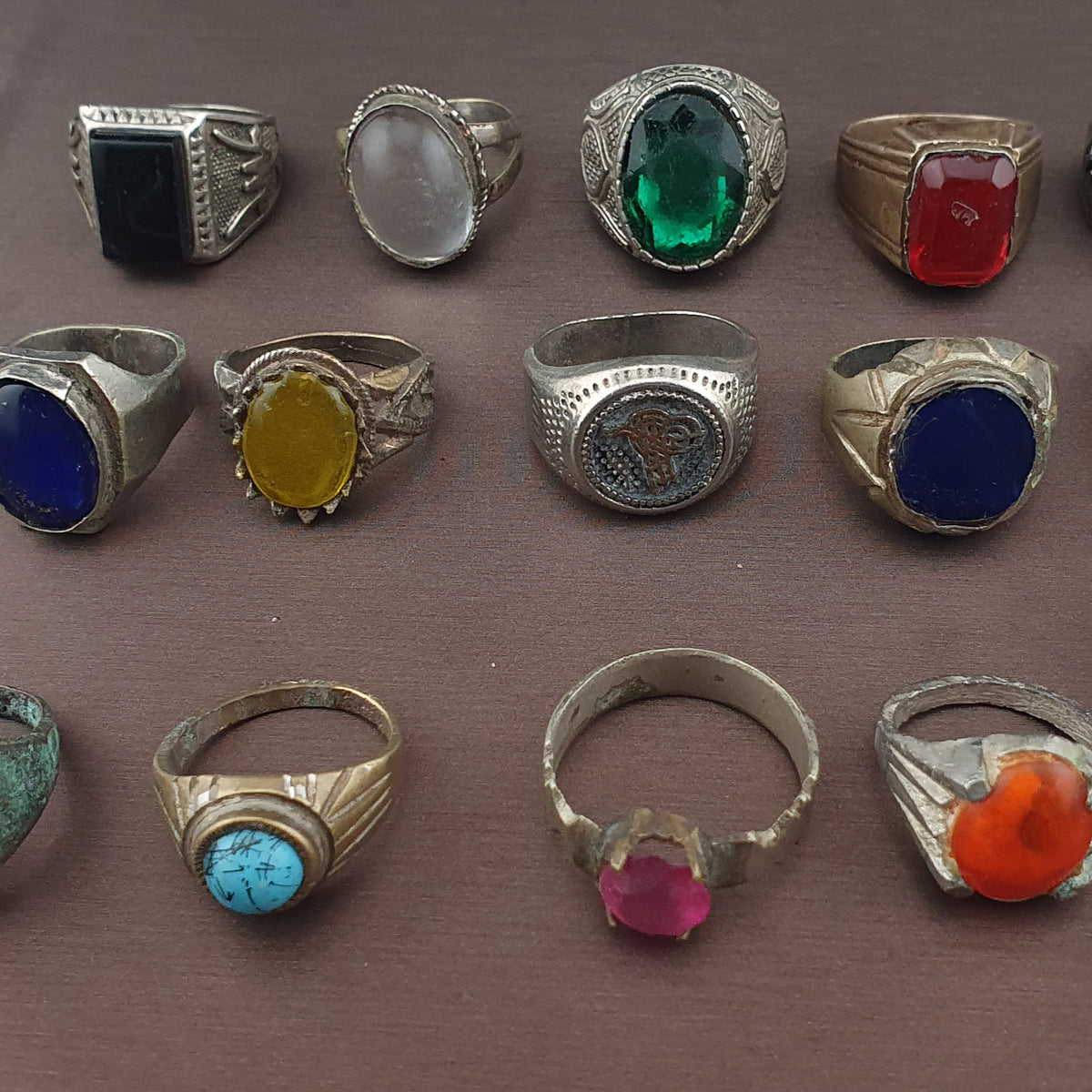 Antique Brass Rings Lot of 15 Mixed Gemstone & Glass Collectible Rings