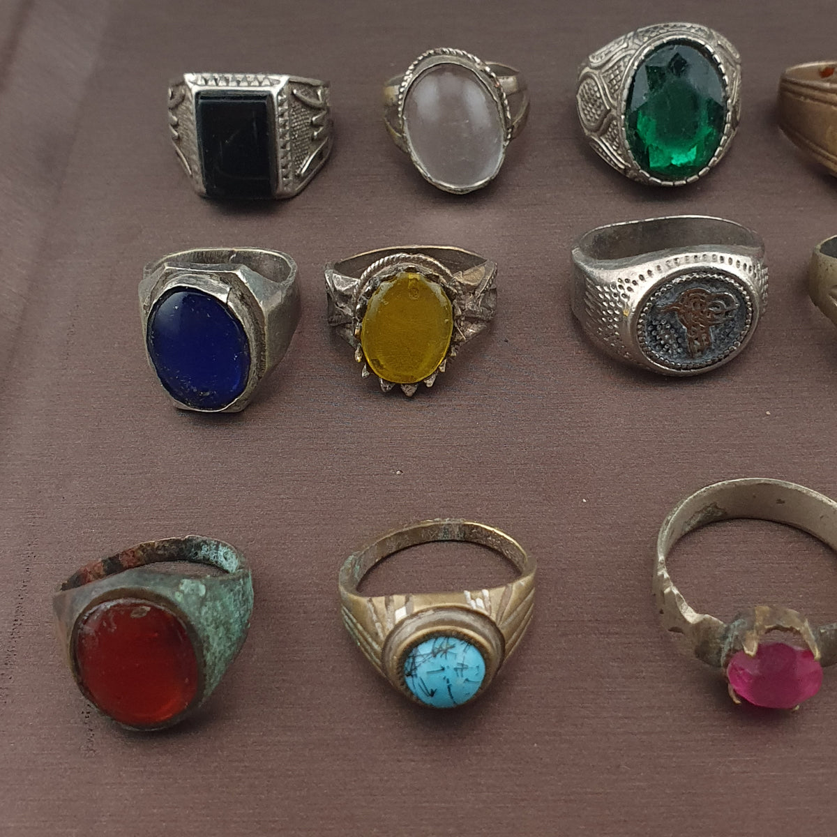 Antique Brass Rings Lot of 15 Mixed Gemstone & Glass Collectible Rings