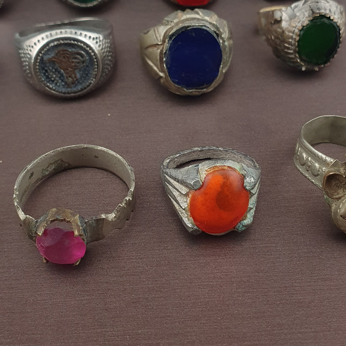 Antique Brass Rings Lot of 15 Mixed Gemstone & Glass Collectible Rings