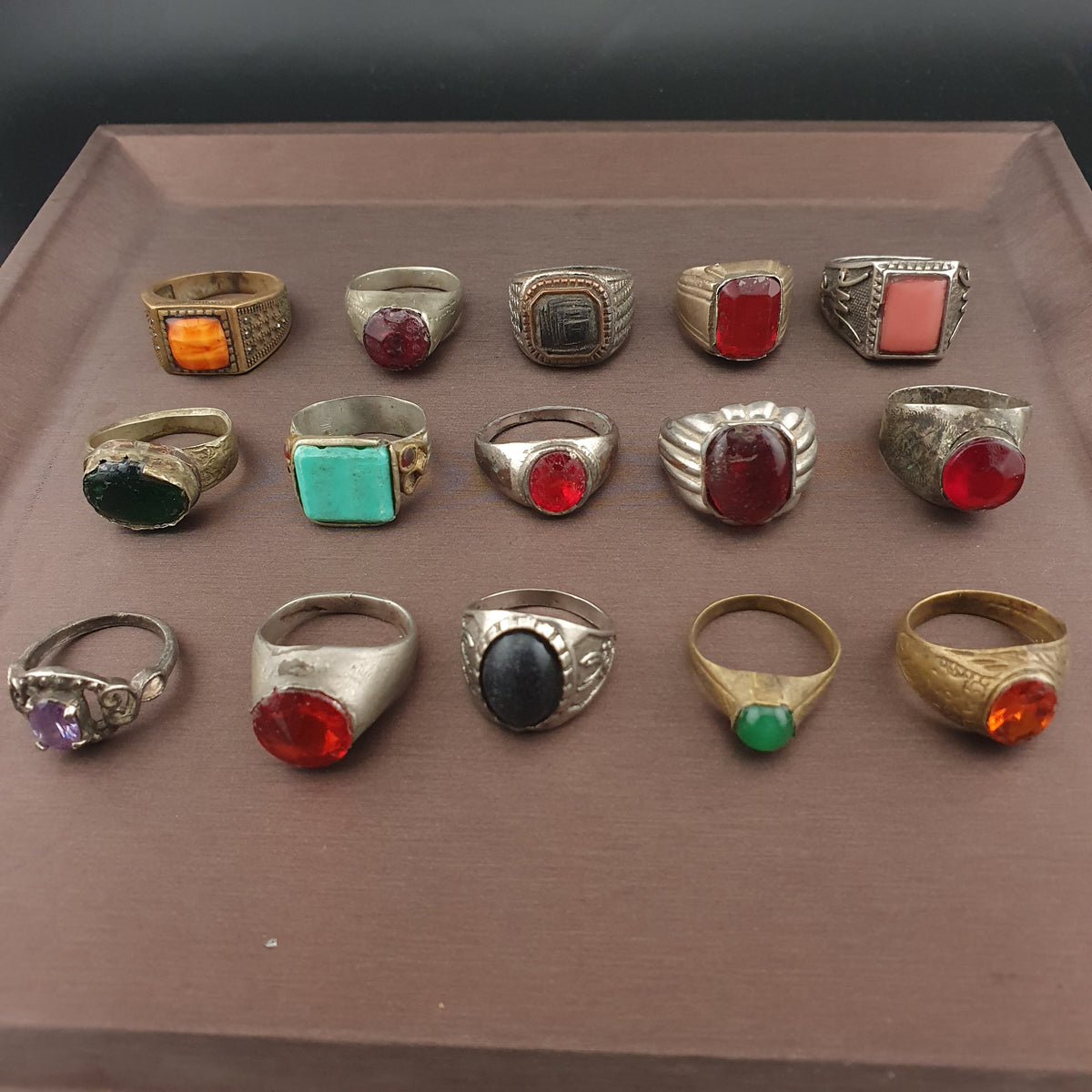 Antique Brass Ring Collection 15 Mixed Handmade Stone & Glass Rings