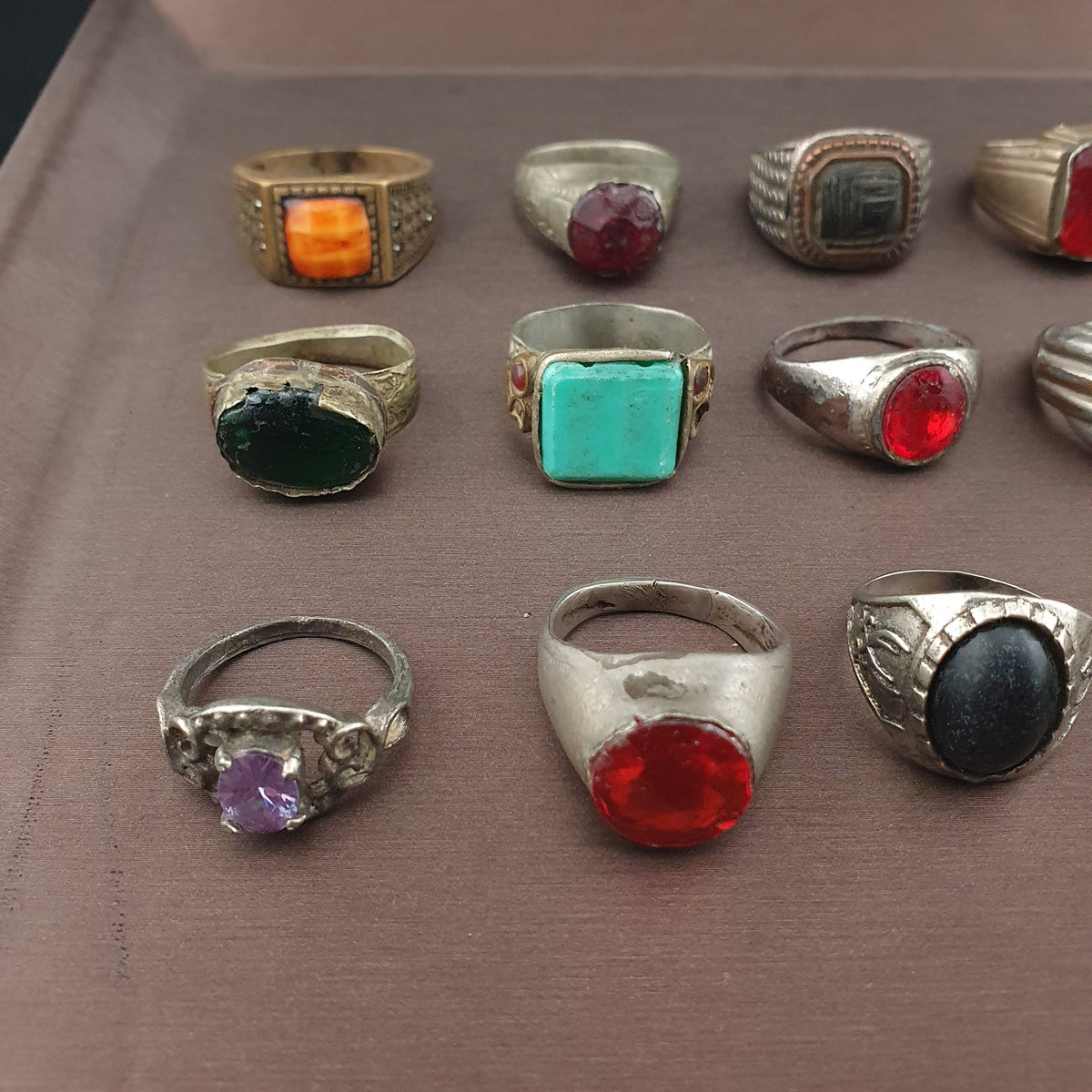 Antique Brass Ring Collection 15 Mixed Handmade Stone & Glass Rings