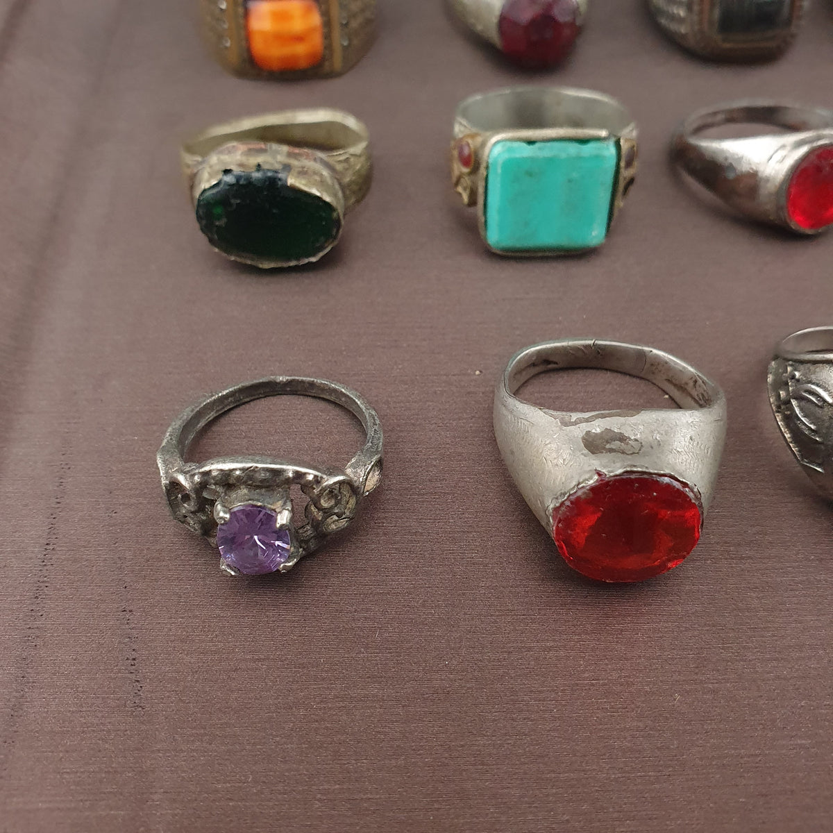 Antique Brass Ring Collection 15 Mixed Handmade Stone & Glass Rings