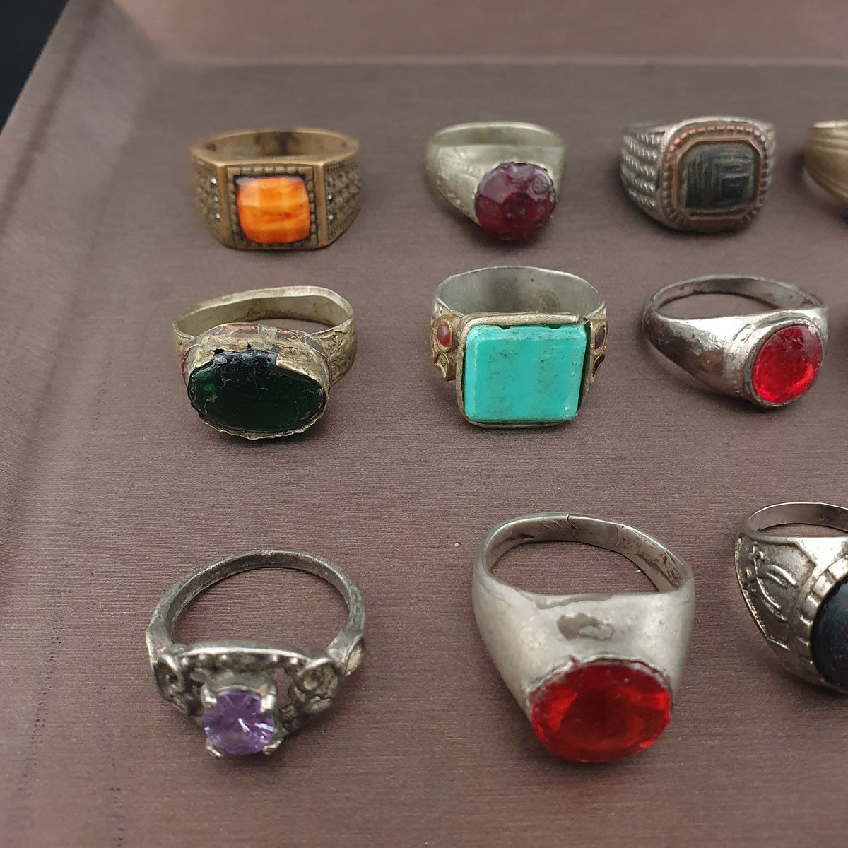 Antique Brass Ring Collection 15 Mixed Handmade Stone & Glass Rings