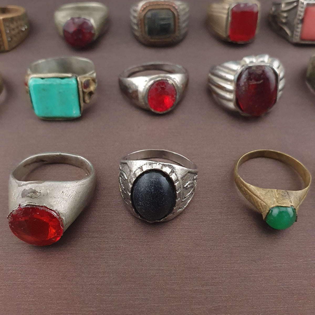 Antique Brass Ring Collection 15 Mixed Handmade Stone & Glass Rings