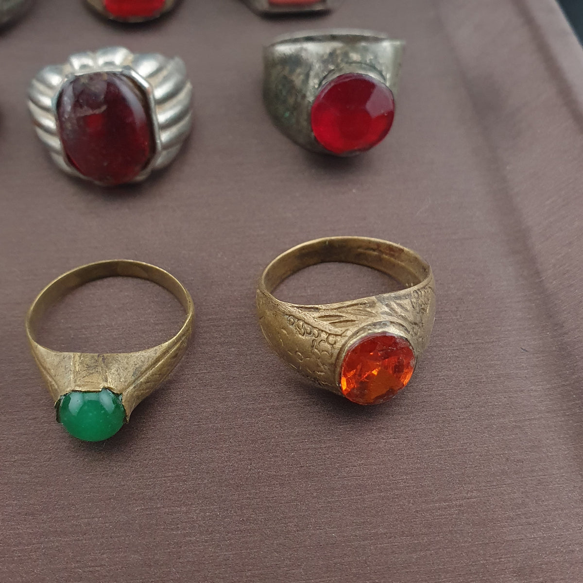 Antique Brass Ring Collection 15 Mixed Handmade Stone & Glass Rings