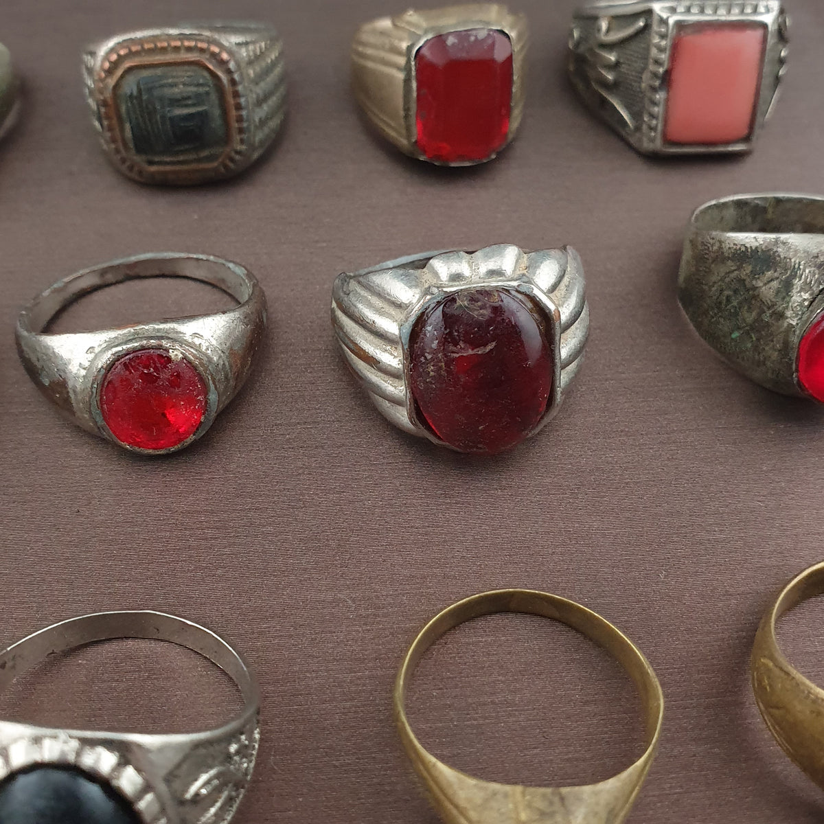 Antique Brass Ring Collection 15 Mixed Handmade Stone & Glass Rings