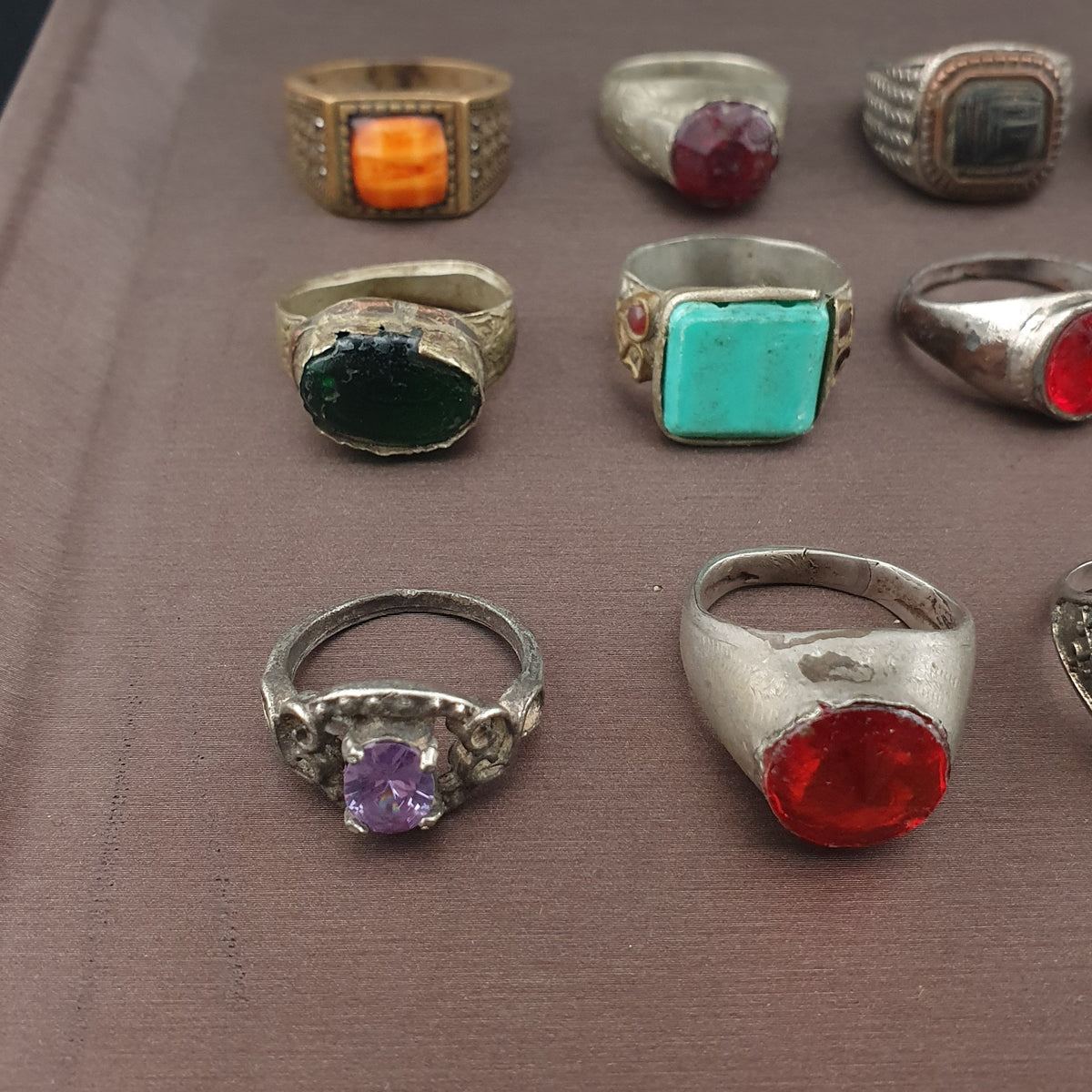 Antique Brass Ring Collection 15 Mixed Handmade Stone & Glass Rings