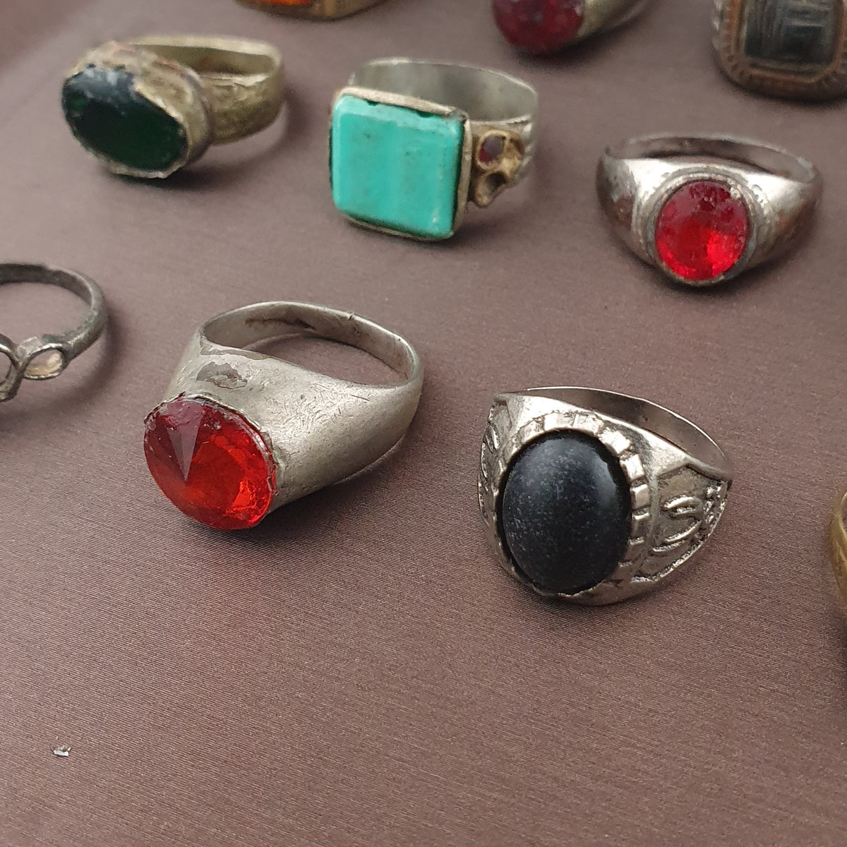 Antique Brass Ring Collection 15 Mixed Handmade Stone & Glass Rings