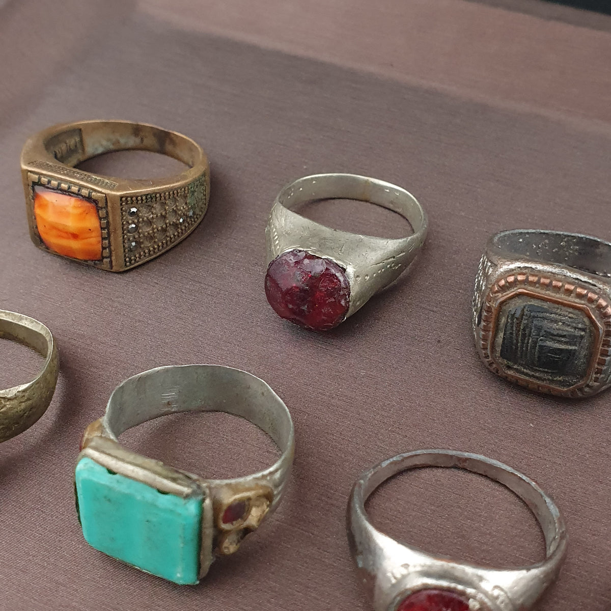 Antique Brass Ring Collection 15 Mixed Handmade Stone & Glass Rings