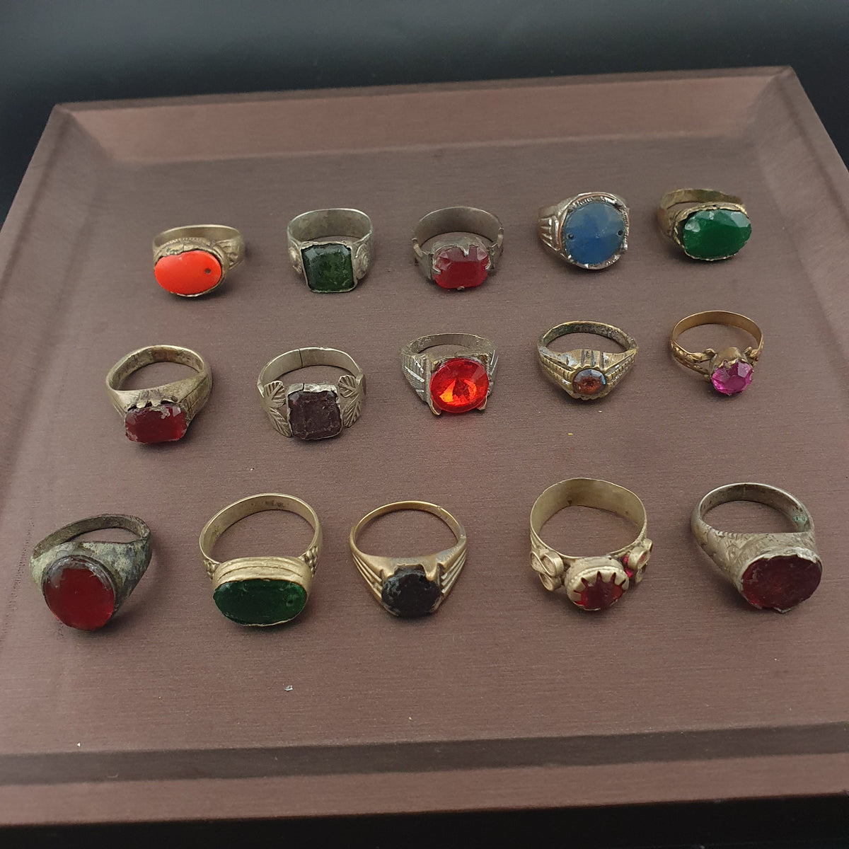 Antique Ring Collection 15 Mixed Brass Gemstone & Glass Rings