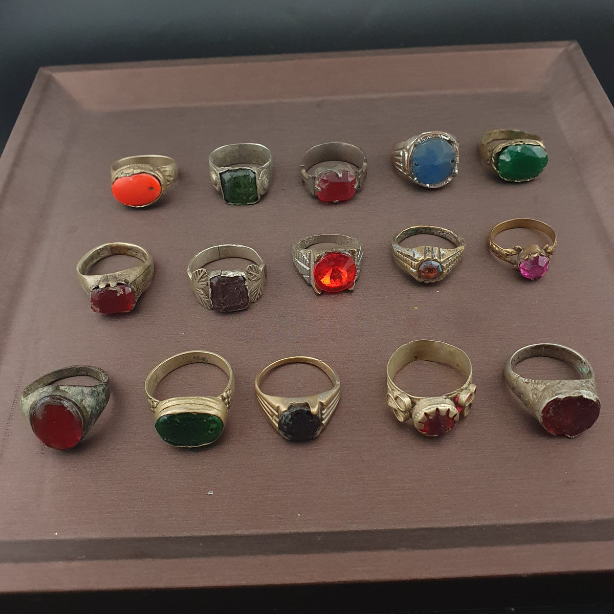 Antique Ring Collection 15 Mixed Brass Gemstone & Glass Rings
