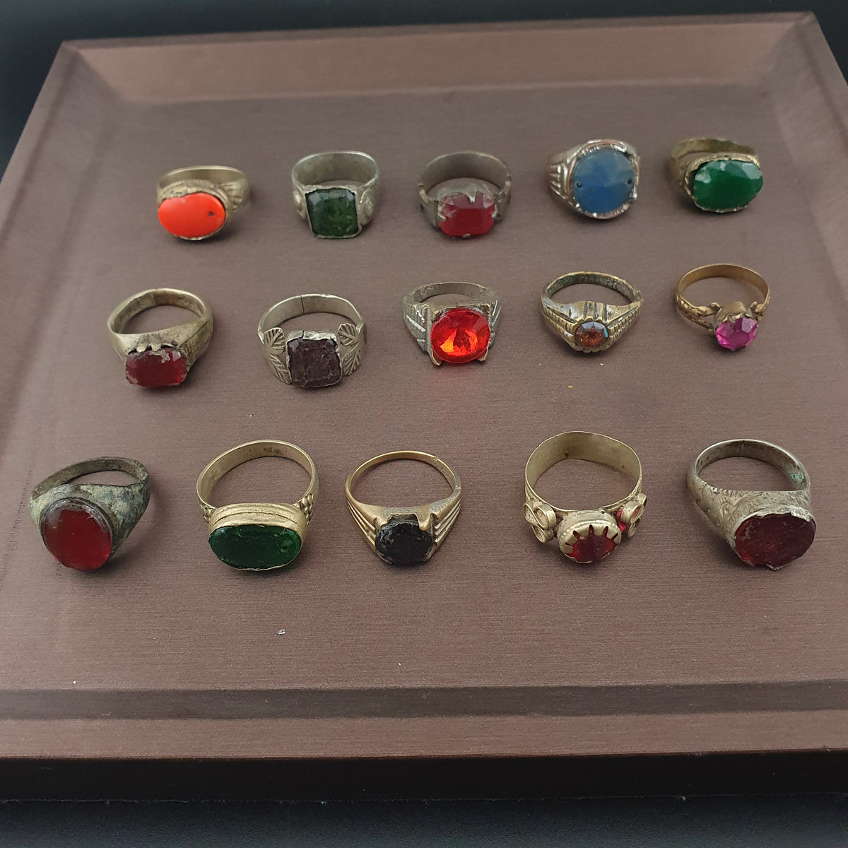 Antique Ring Collection 15 Mixed Brass Gemstone & Glass Rings