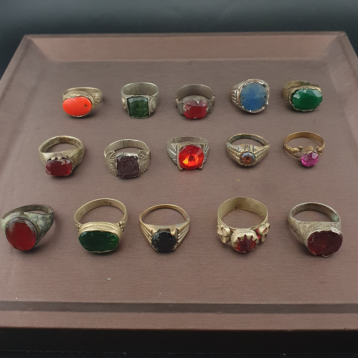 Antique Ring Collection 15 Mixed Brass Gemstone & Glass Rings