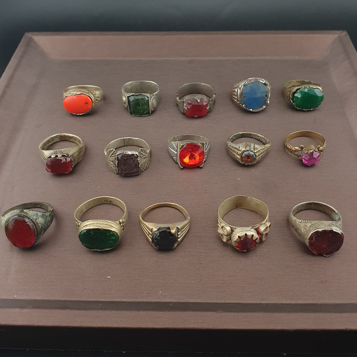 Antique Ring Collection 15 Mixed Brass Gemstone & Glass Rings