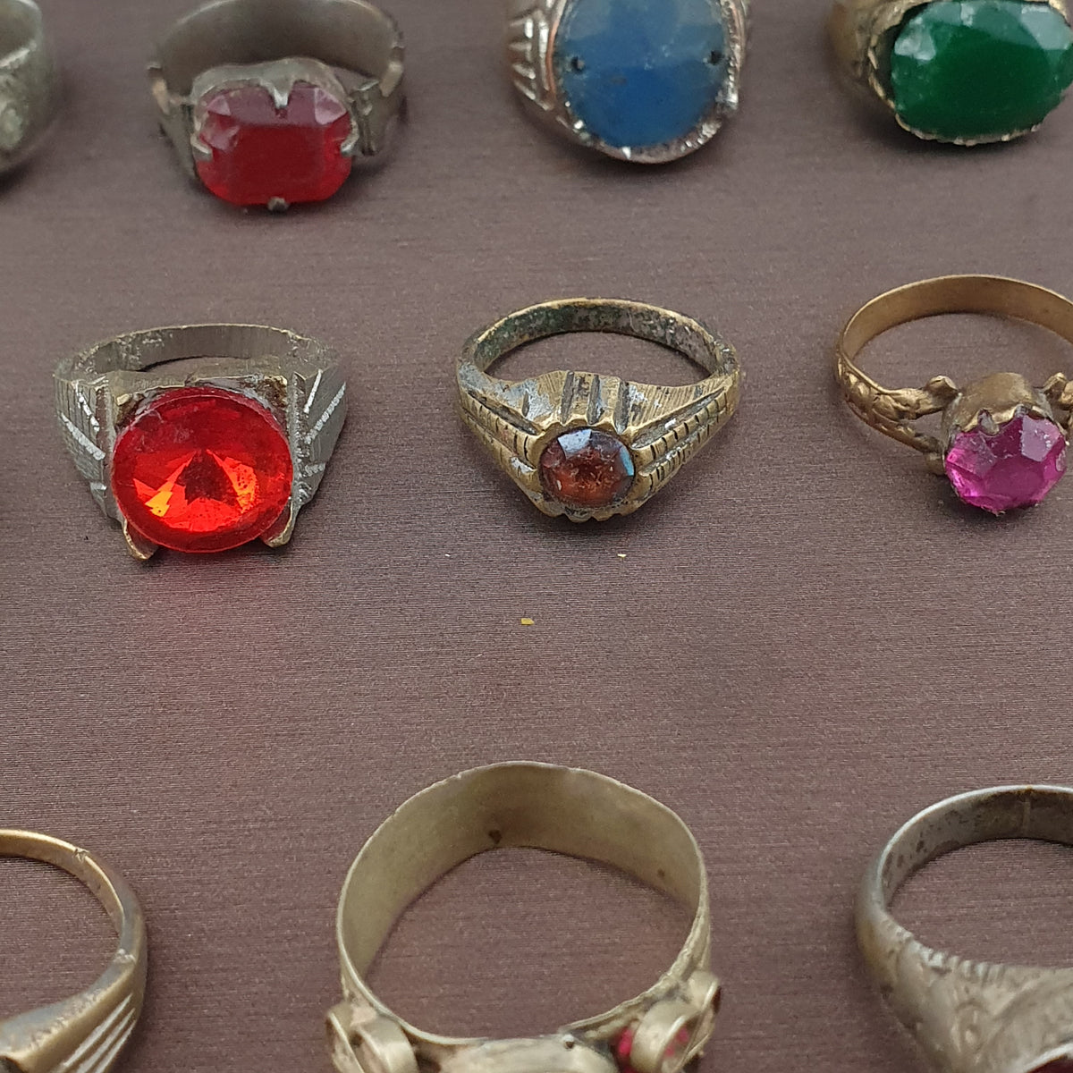 Antique Ring Collection 15 Mixed Brass Gemstone & Glass Rings