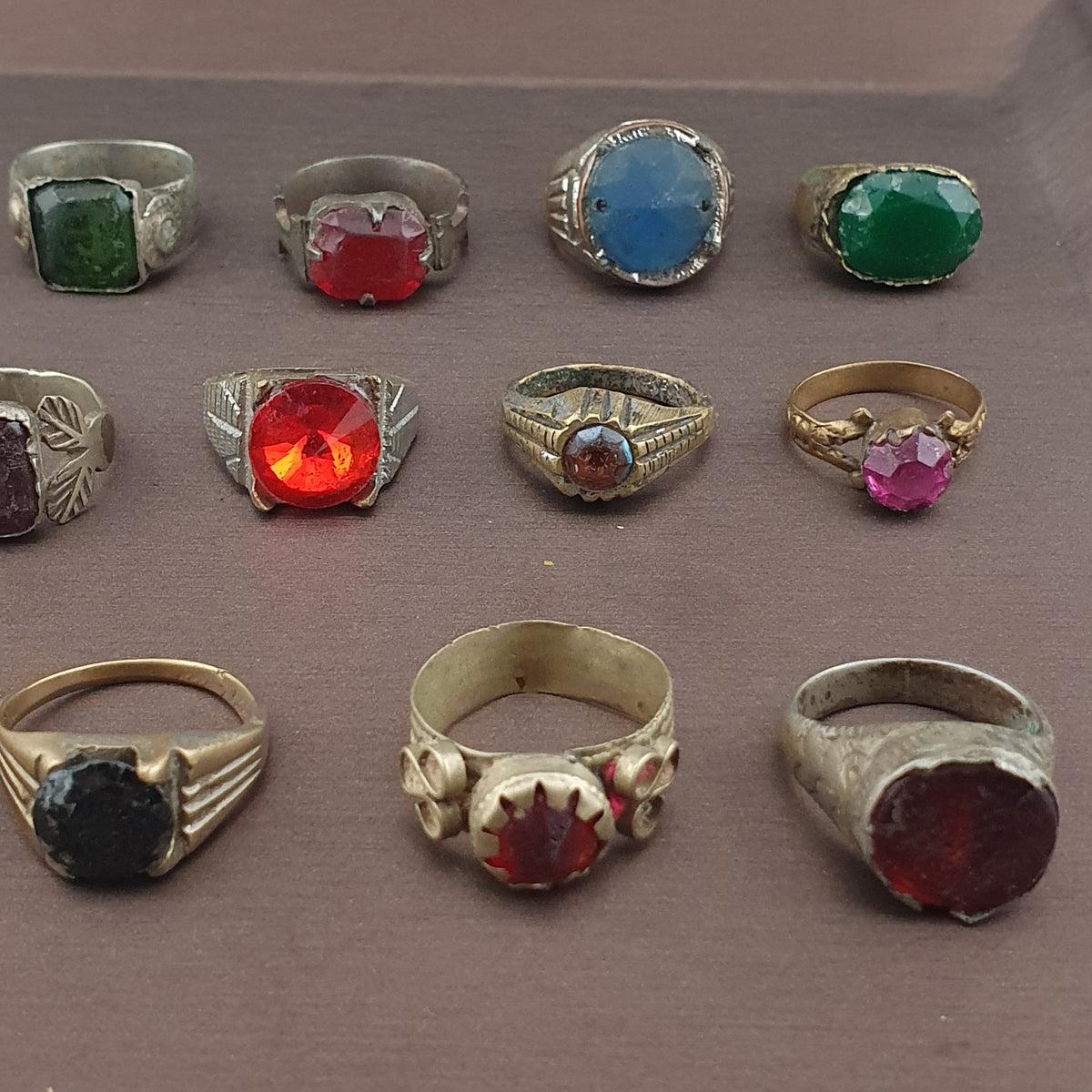 Antique Ring Collection 15 Mixed Brass Gemstone & Glass Rings