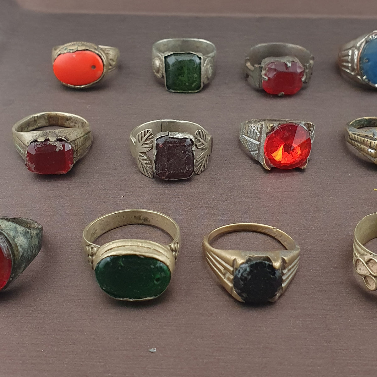 Antique Ring Collection 15 Mixed Brass Gemstone & Glass Rings