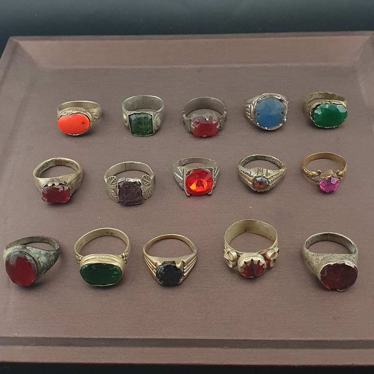 Antique Ring Collection 15 Mixed Brass Gemstone & Glass Rings