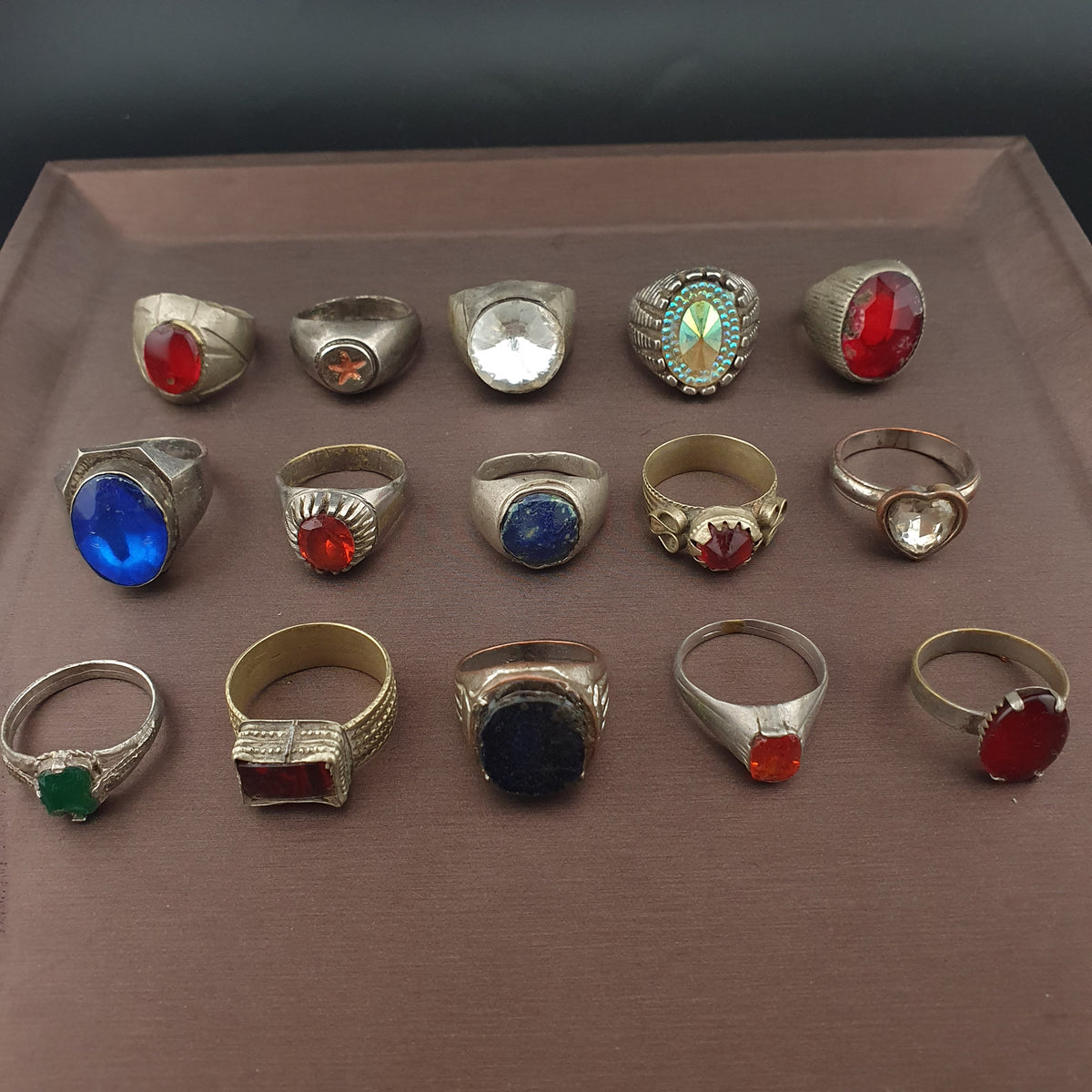 Lot of 15 Collectible Brass Rings Antique Style Mixed Stone Rings