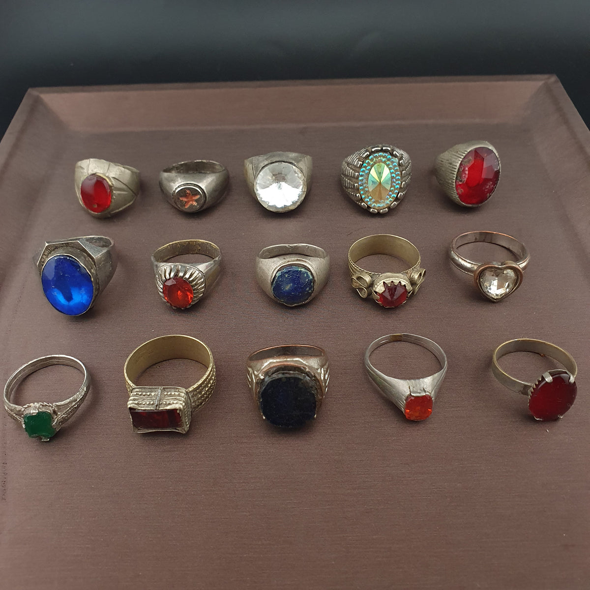 Lot of 15 Collectible Brass Rings Antique Style Mixed Stone Rings