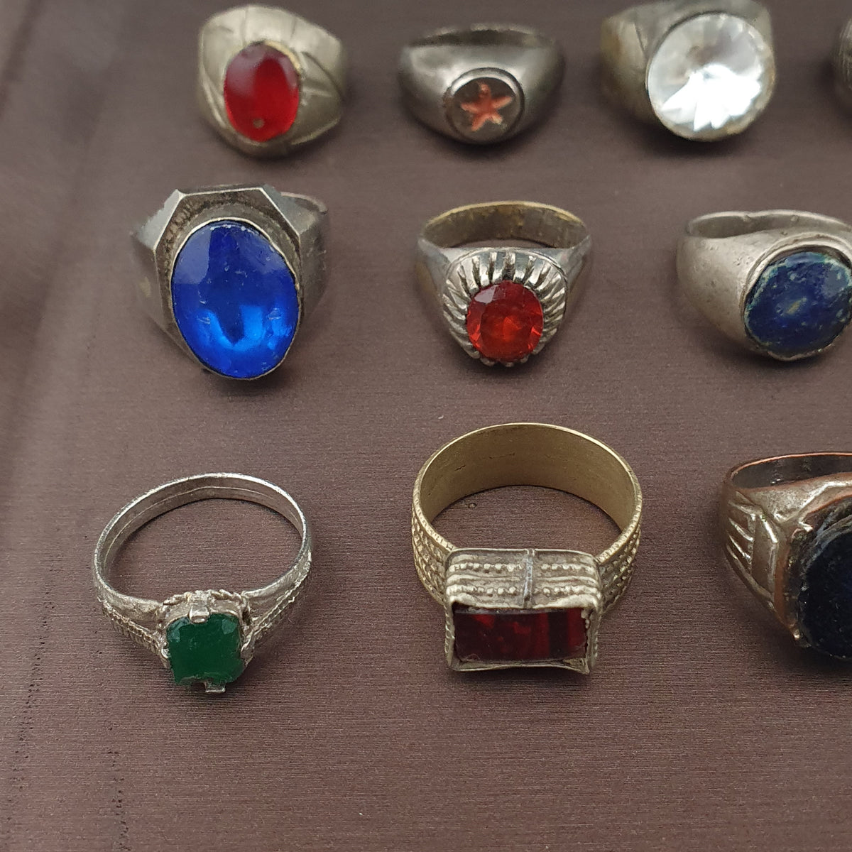 Lot of 15 Collectible Brass Rings Antique Style Mixed Stone Rings