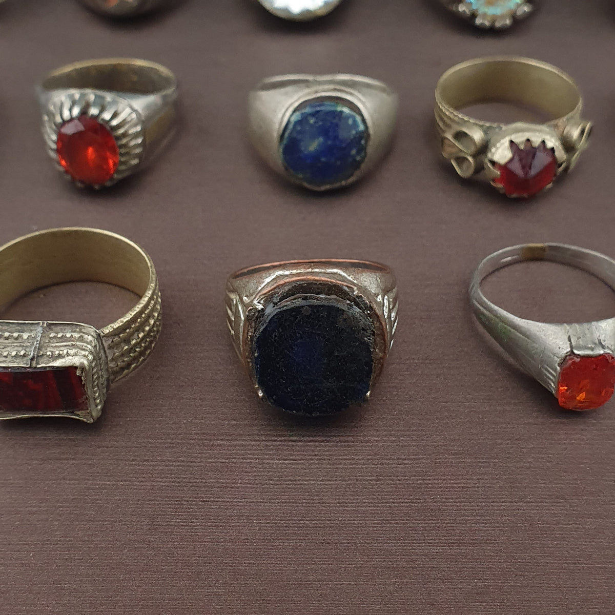 Lot of 15 Collectible Brass Rings Antique Style Mixed Stone Rings