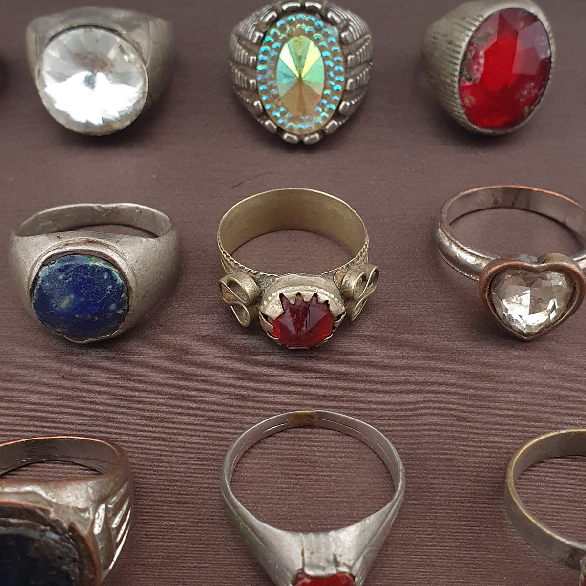 Lot of 15 Collectible Brass Rings Antique Style Mixed Stone Rings