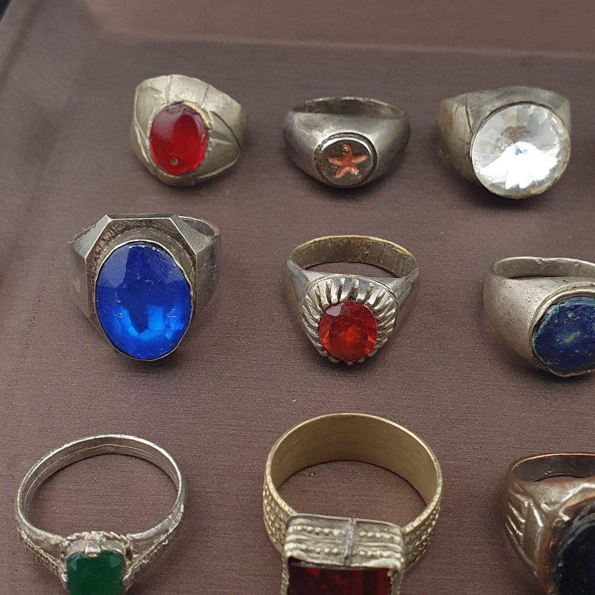 Lot of 15 Collectible Brass Rings Antique Style Mixed Stone Rings