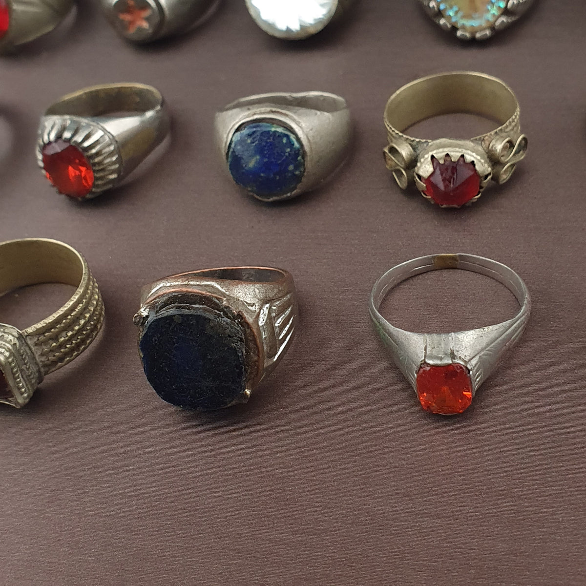 Lot of 15 Collectible Brass Rings Antique Style Mixed Stone Rings