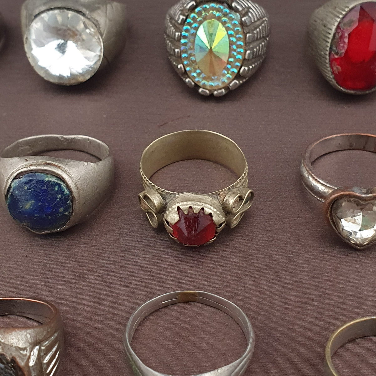 Lot of 15 Collectible Brass Rings Antique Style Mixed Stone Rings
