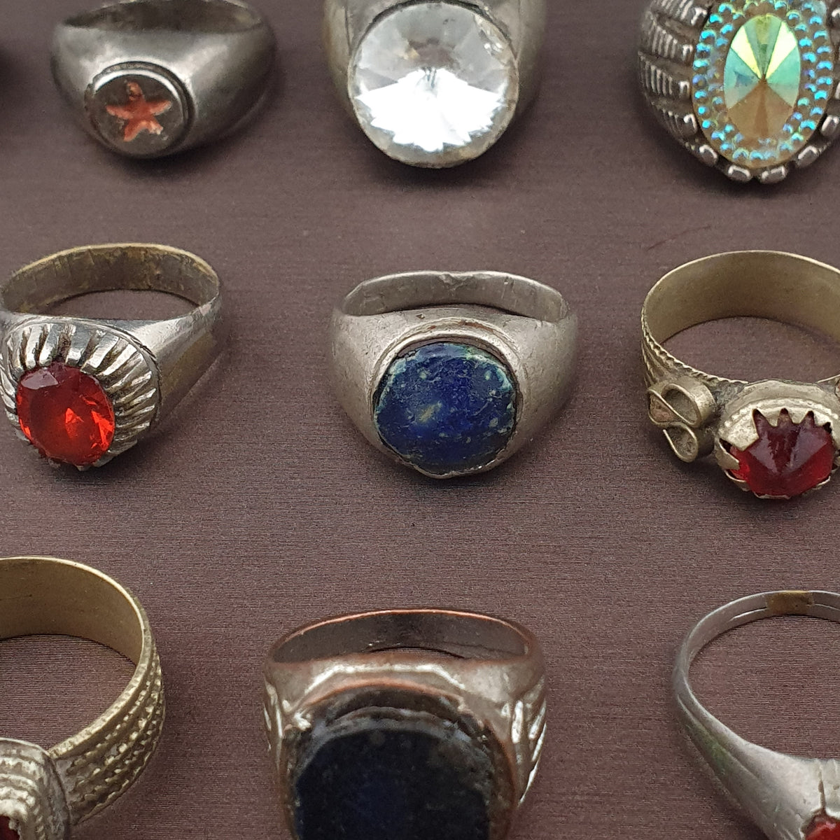 Lot of 15 Collectible Brass Rings Antique Style Mixed Stone Rings