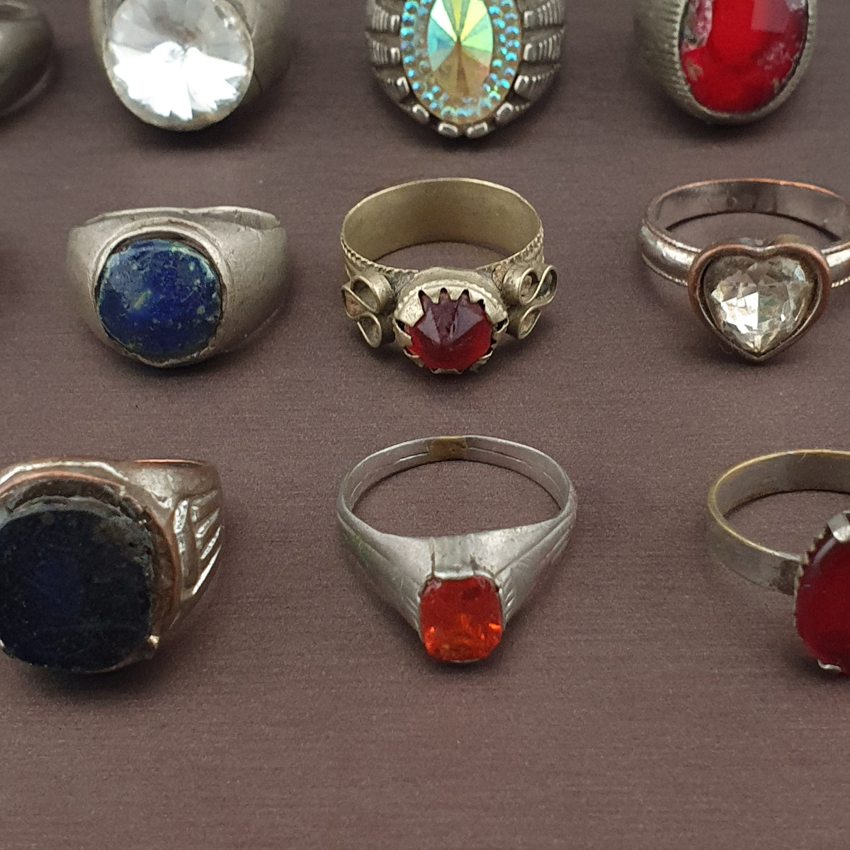 Lot of 15 Collectible Brass Rings Antique Style Mixed Stone Rings