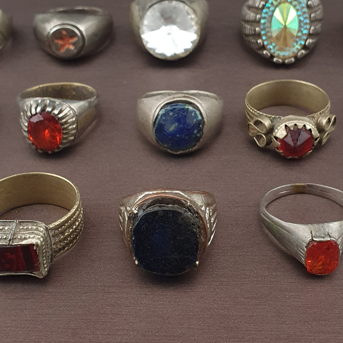 Lot of 15 Collectible Brass Rings Antique Style Mixed Stone Rings