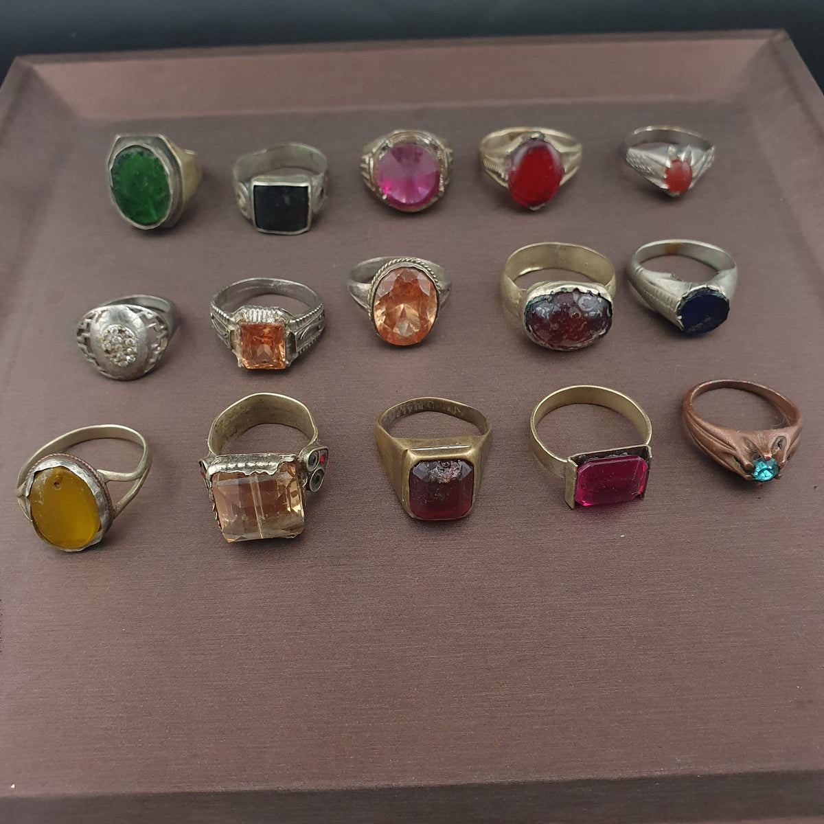 Antique Ring Collection Lot of 15 Mixed Brass Stone & Glass Rings